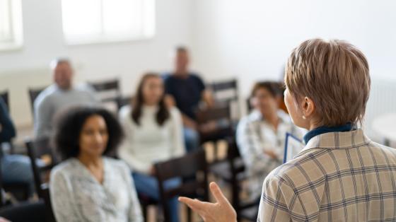 woman presenting to class