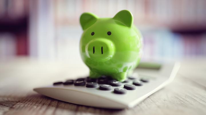 Green piggy bank on a calculator